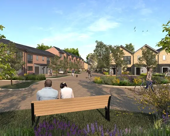 CGI image of houses, two people sitting on a bench and people riding bikes on the road