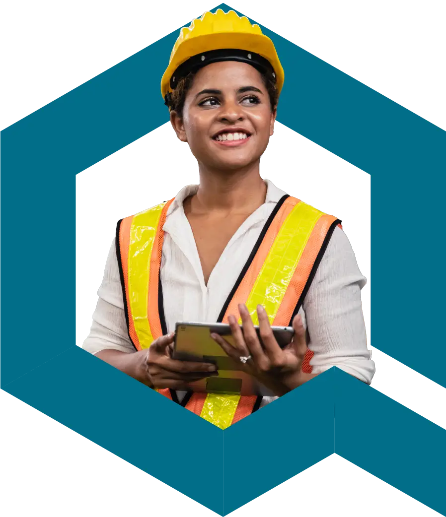 Women in high visibility vest and construction hat smiling and holding an iPad in blue Qualis logo