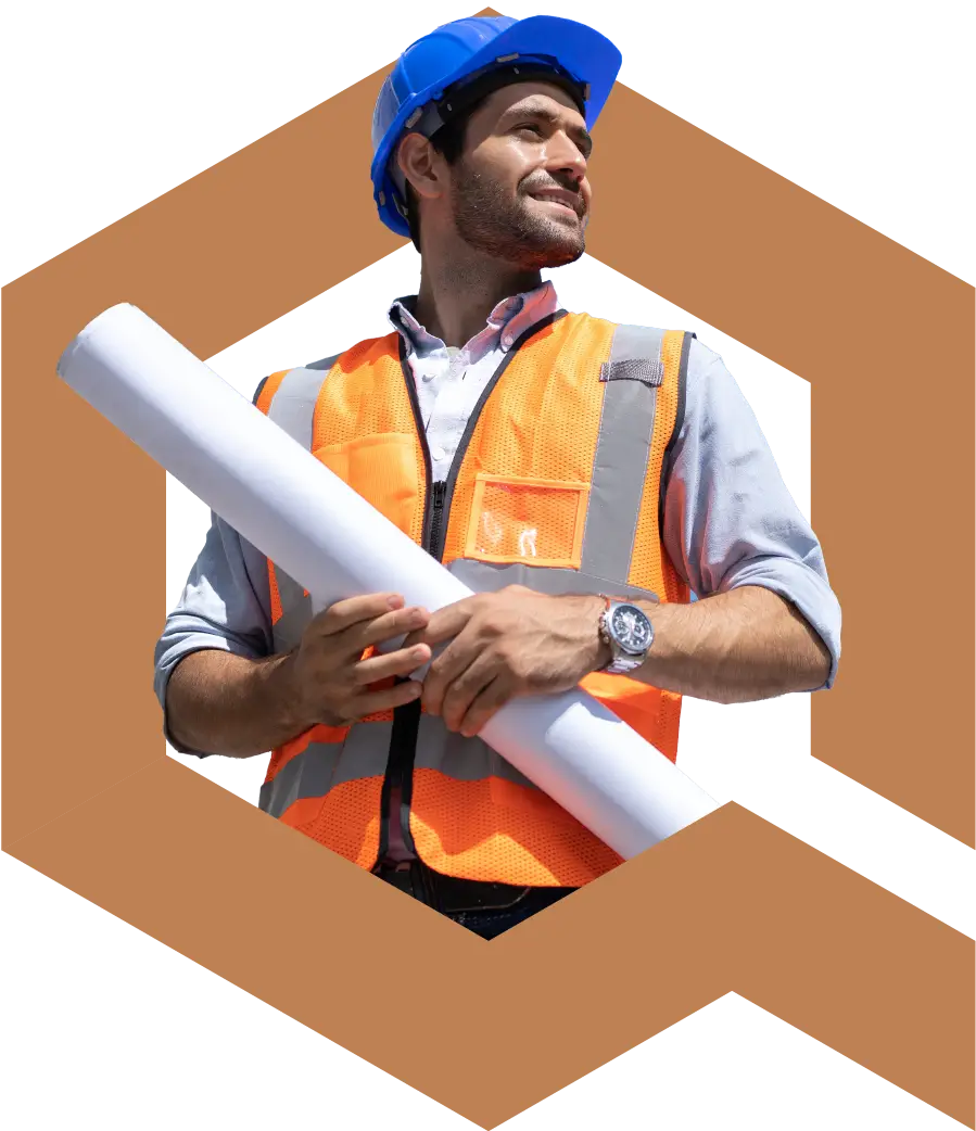 Man in high visibility vest and construction hat, smiling away from camera and holding a roll of paper within the brown Qualis logo