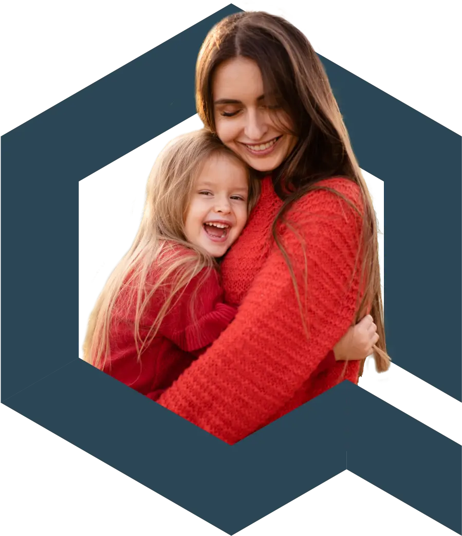 Woman and child smiling and hugging in the Navy Qualis logo