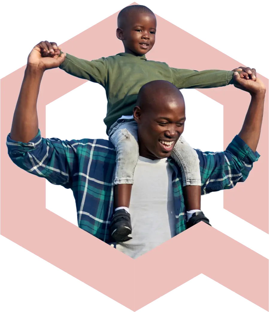 Child on mans shoulder smiling within pink Qualis logo