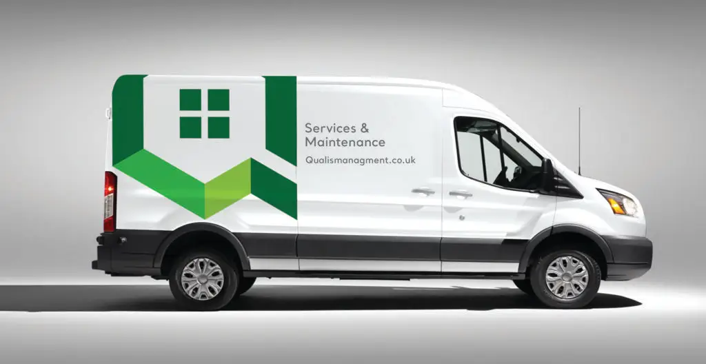Medium sized Qualis branded van with Services and Maintenance and website url on the site