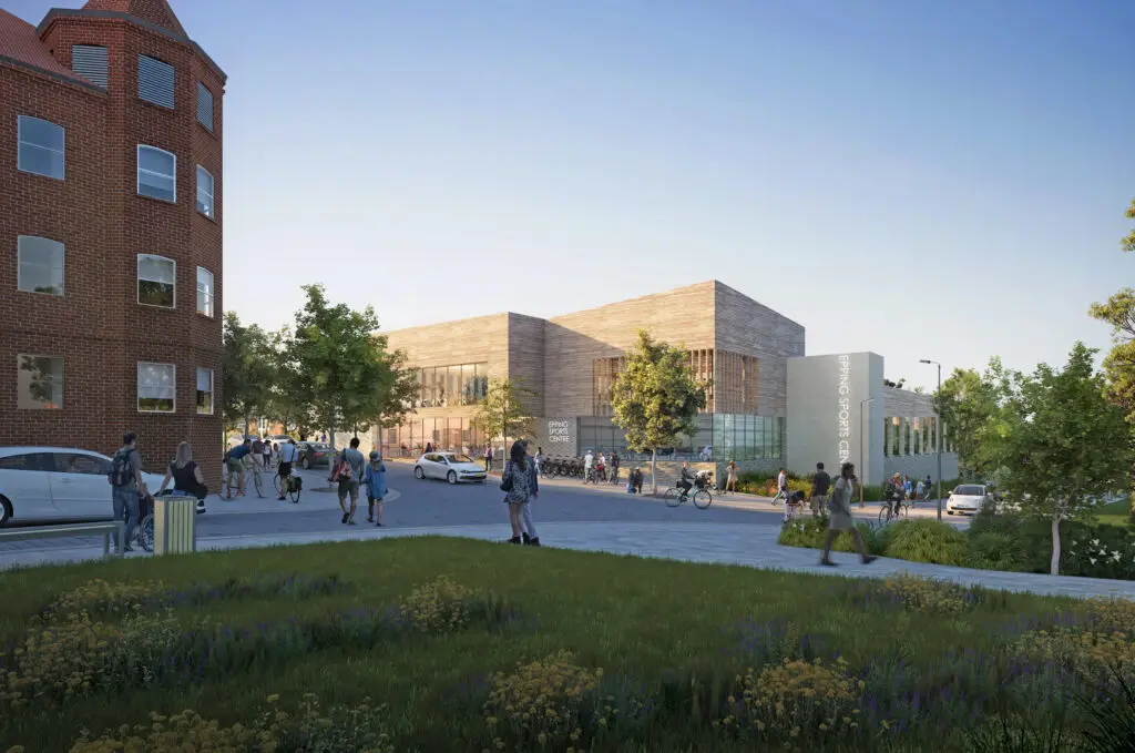 CGI image of Epping Forest Centre, People walking around the area