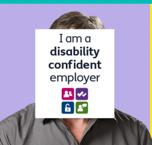 I am a disability confident employer logo on top of headshot of person