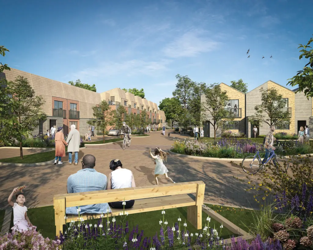 CGI Image of neighbourhood. People walking and running around. Two people on a bench and people cycling