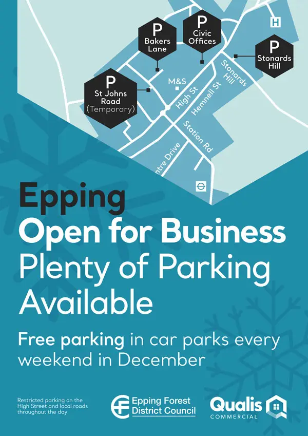 Epping. Open for Business. Plenty of Parking Available. Free parking in car parks every weekend in December. Poster including EFDC and Qualis Commercial Logo