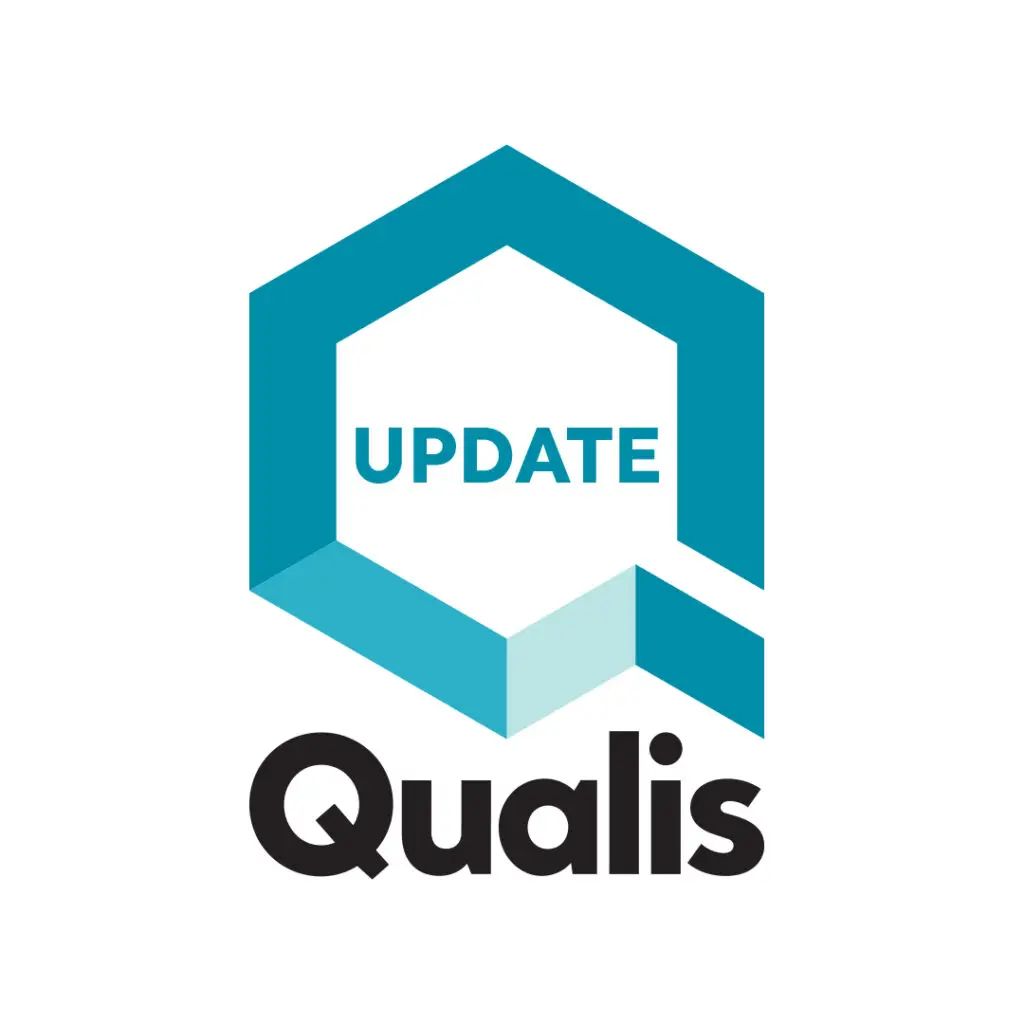 Qualis logo with large blue icon with update in the middle