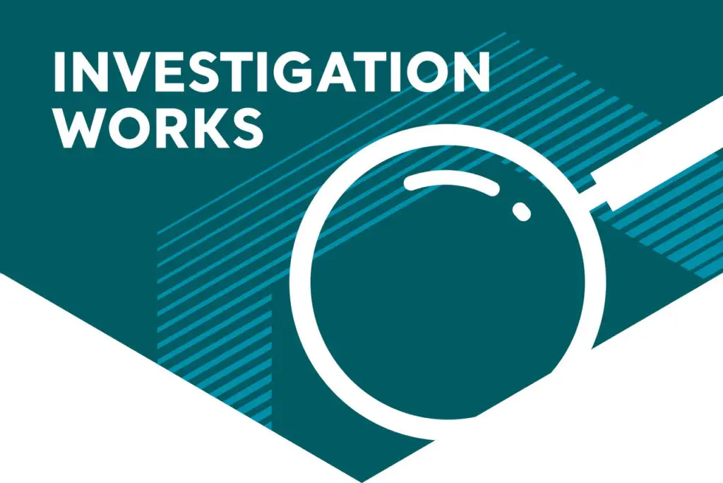 Investigation works infographic on blue background with magnify glass icon