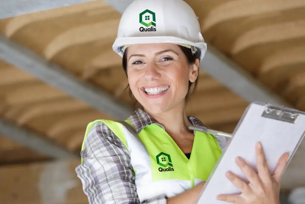 a woman builder holding blueprints