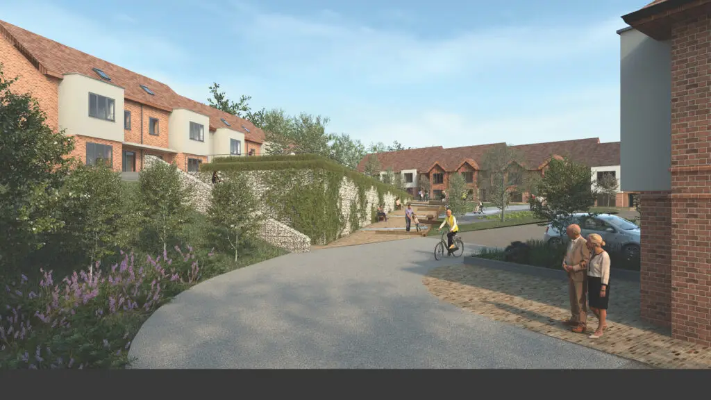CGI Image of a neighbourhood. People walking and on bikes