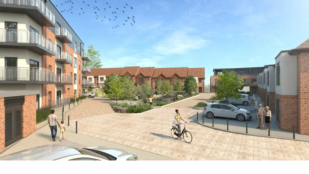 CGI Image of a neighbourhood. Cars parked in front of houses and people walking, cycling on the road