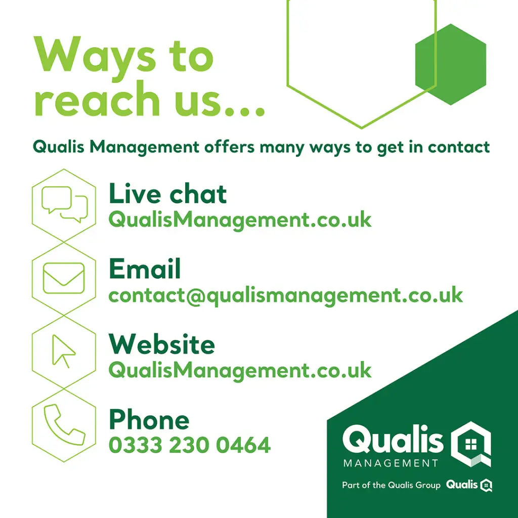 Ways to reach us infographic. Qualis management offers many ways to get in contact. Live chat: qualismanagement.co.uk. Email: contact@qualismanagement.co.uk. Website: qualismanagement.co.uk. Phone: 0333 230 0464