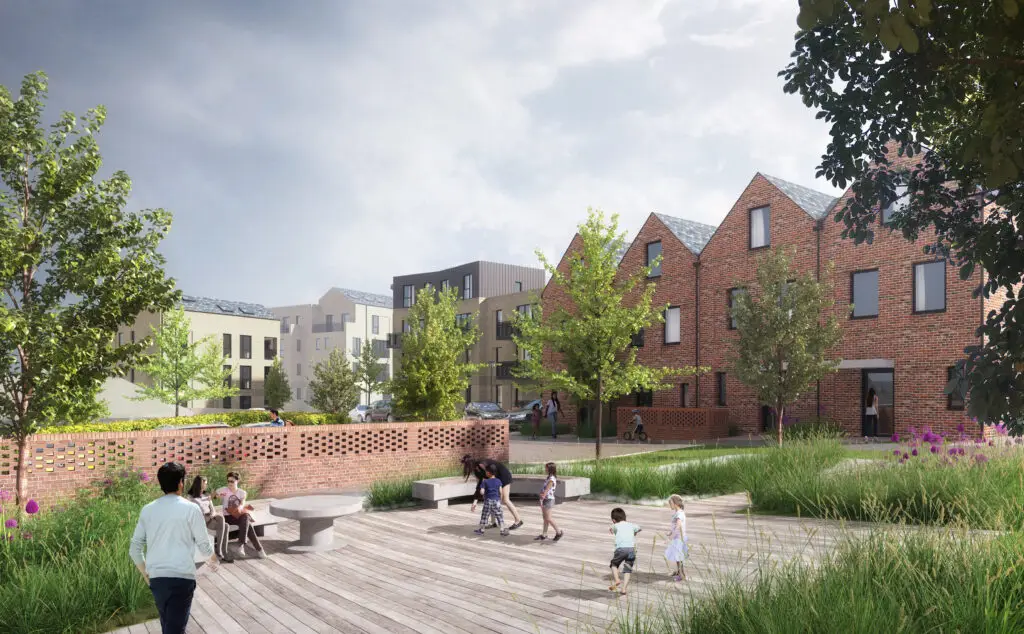 CGI image of people and children in communal area surrounded by trees and houses in the background