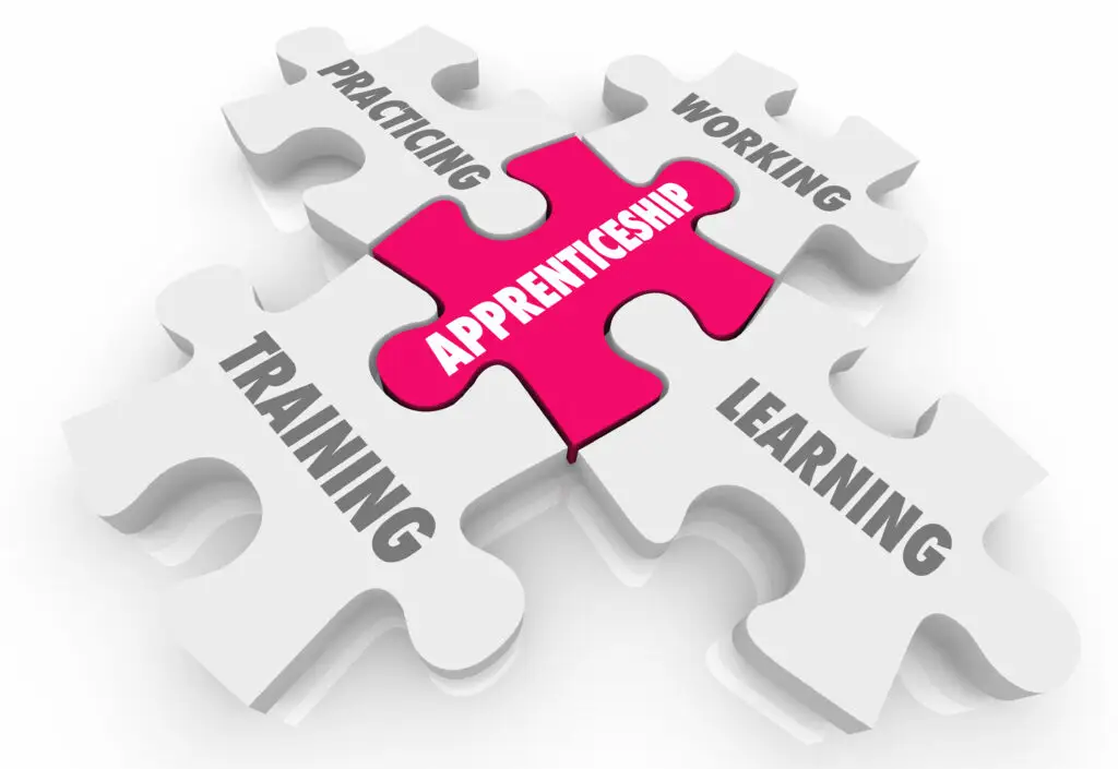 Puzzle pieces in white with writing; learning, training, working and practicing and apprenticeship puzzle piece in pink