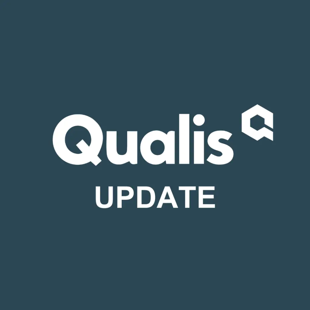 Qualis logo and icon on Navy background with update written underneath