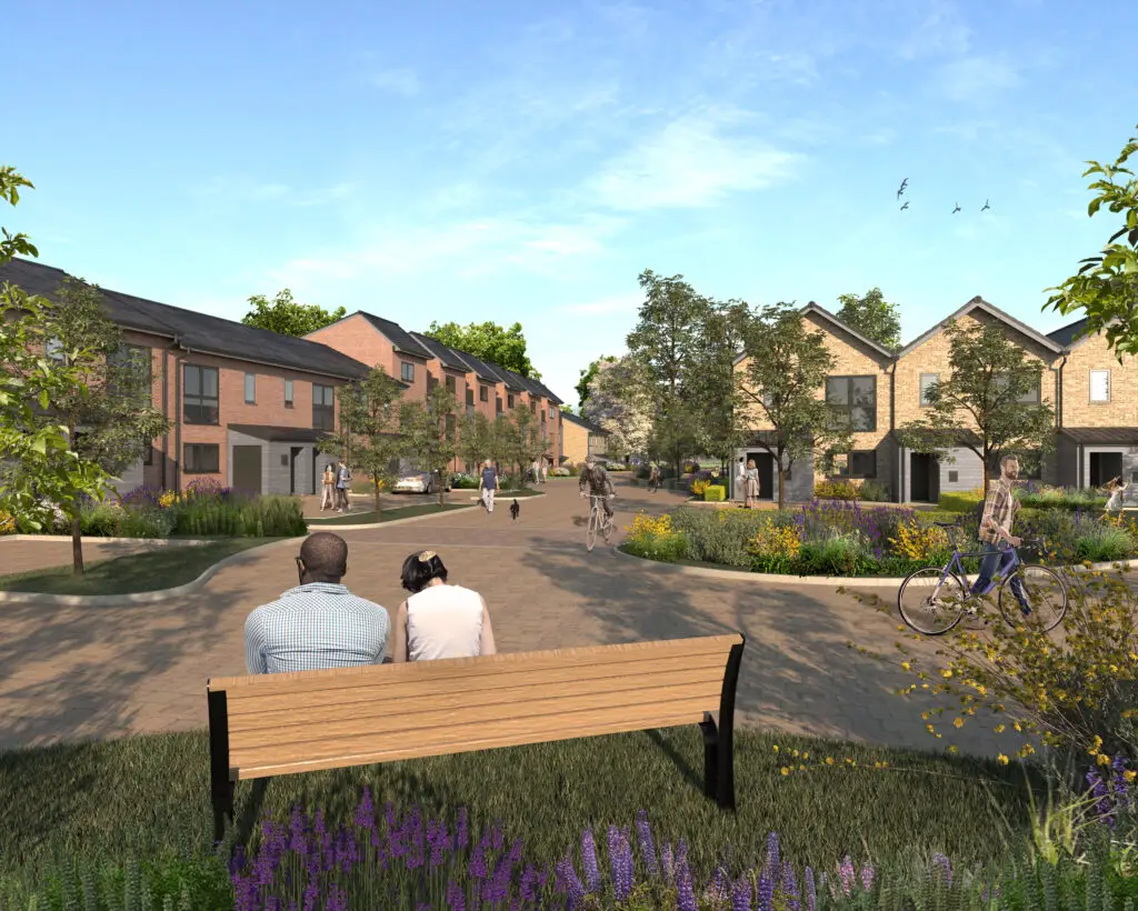 CGI image of houses, two people sitting on a bench and people riding bikes on the road