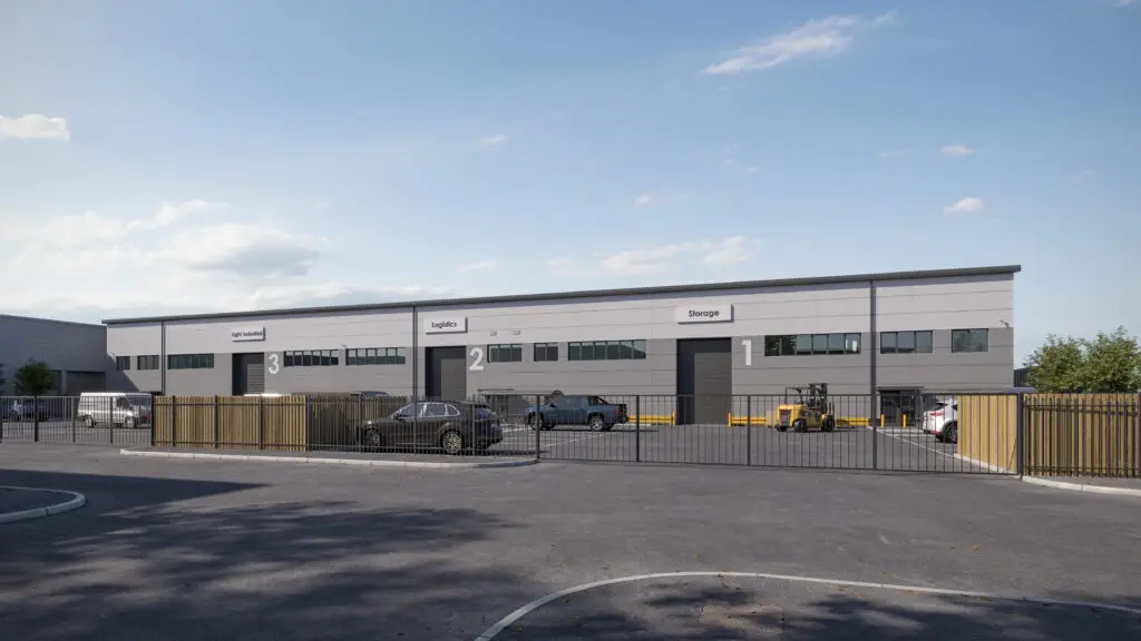 Artists impression of Waltham Connect showing one single storey industrial unit with car parking space in front