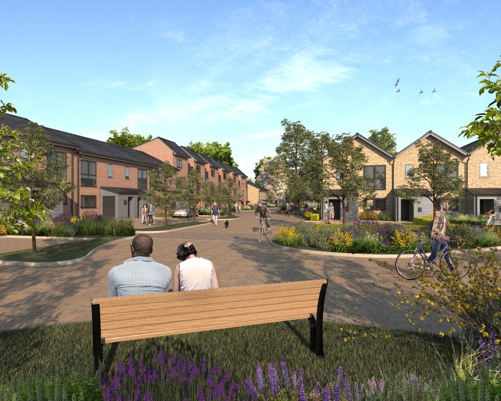 CGI of the Roundhills development showing two people sat on a bench looking down a small road with homes either side