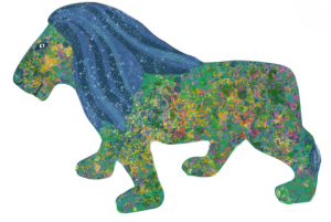 A large standing lion sculpture. Roary's body is painted in a green base with splashes of colour across it. It's mane is blue with lighter blue splashes.