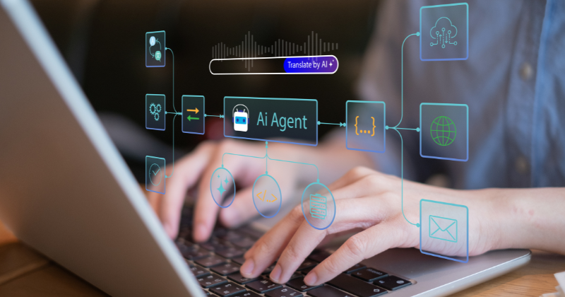 person on a laptop with an overlay graphic showing an ai agent and workflow
