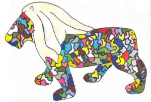 a multi-coloured patchwork lion with yellow main drawn by ettie=mae